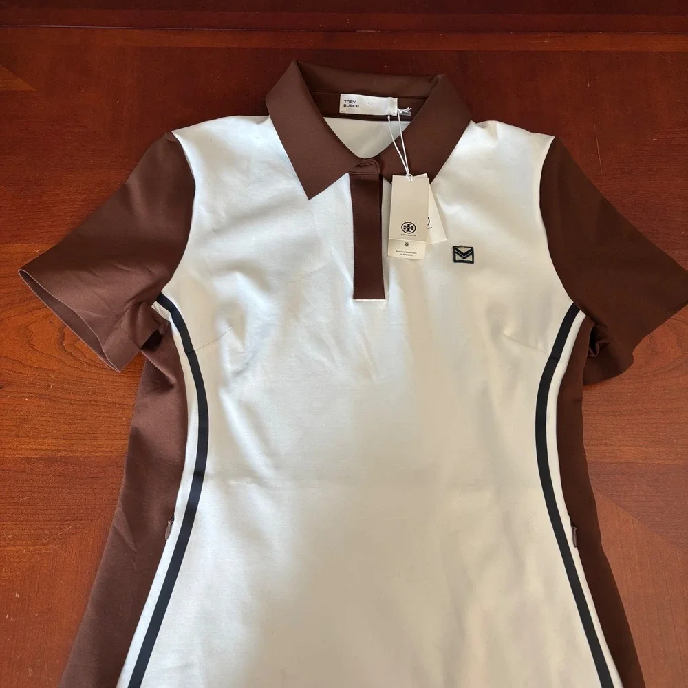 Tory Burch Neoprene Polo Golf Dress Snow White and Mocha Chip 161375 Size L NWT
